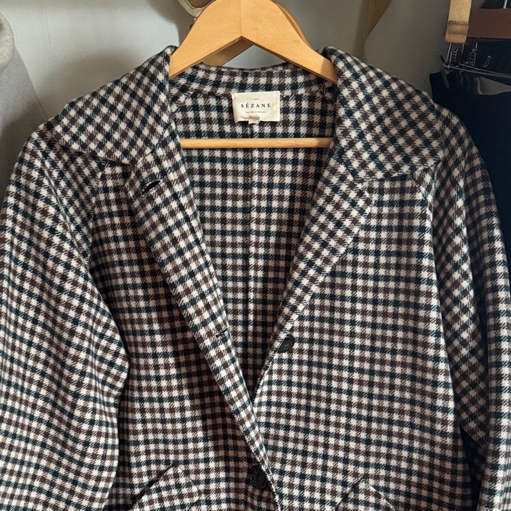 Sezane Navy & Brown Checkered Coat